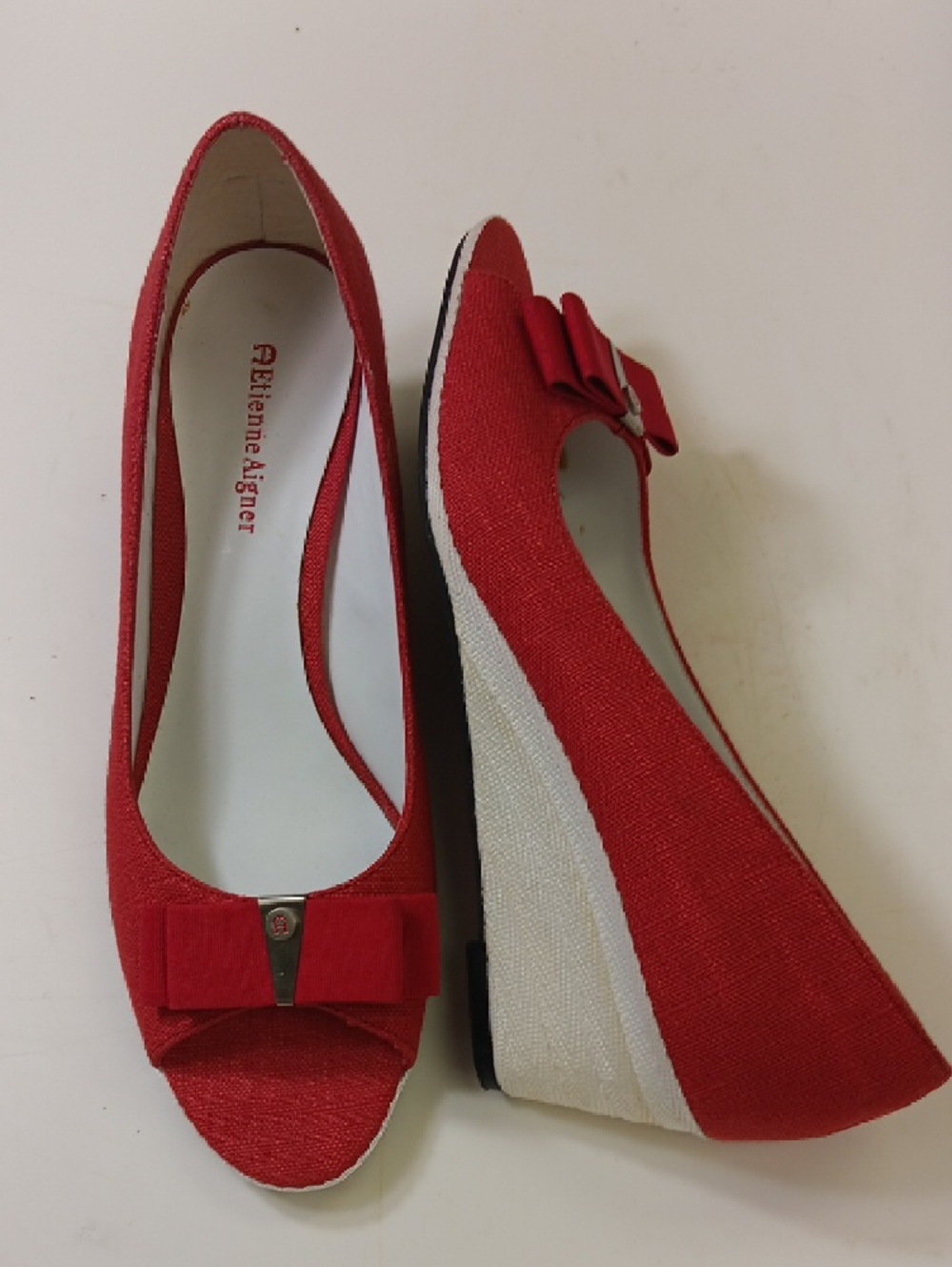 Etienne Aigner Red Peep-Toe Flats with Bow Accent - Picture 2 of 4